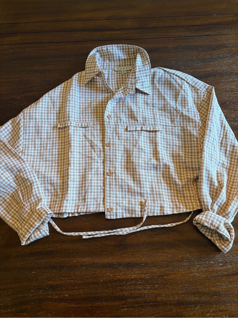 HYFVE Plaid Cropped Button Down Shirt Jacket Tie Hem Tan Cream Size M